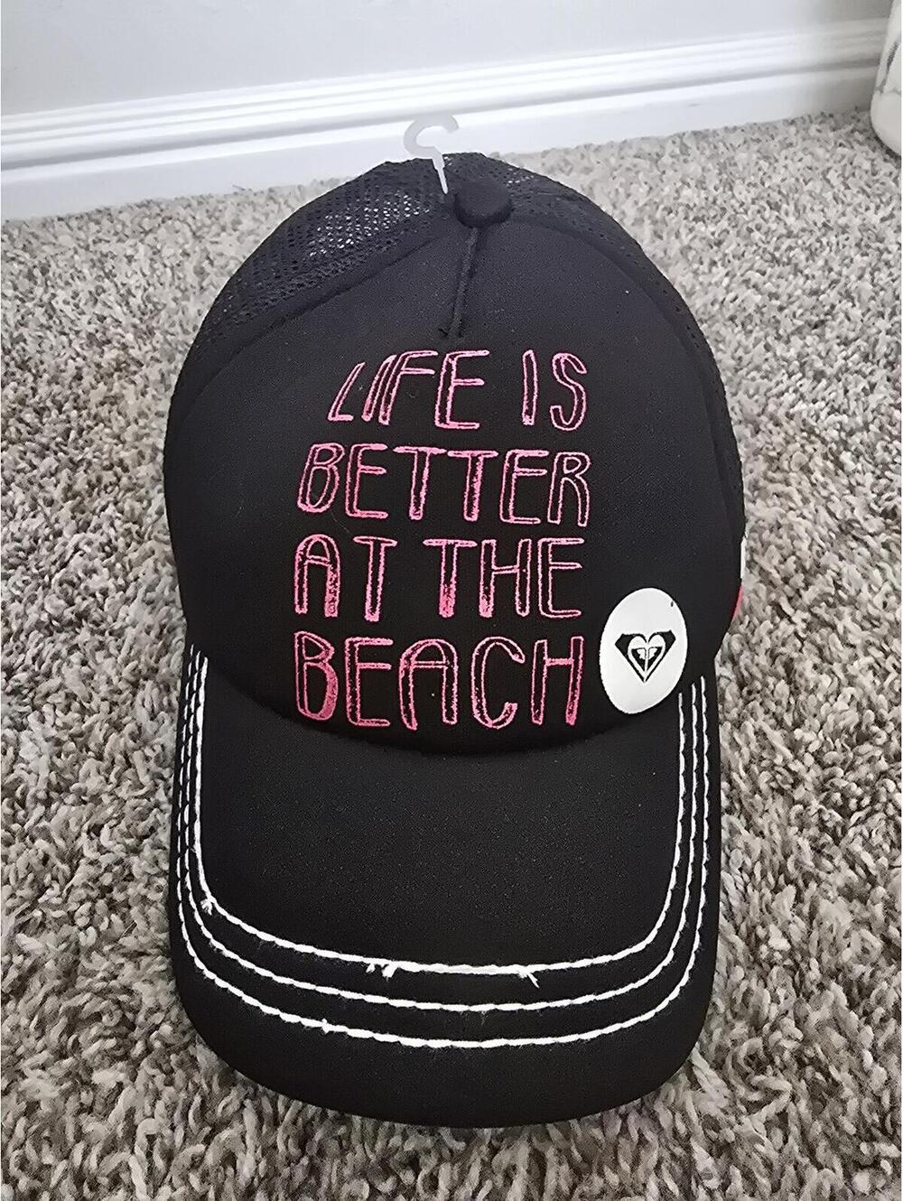 ROXY Black Mesh Trucker Hat Pink "Life Is Better at the Beach" Cap